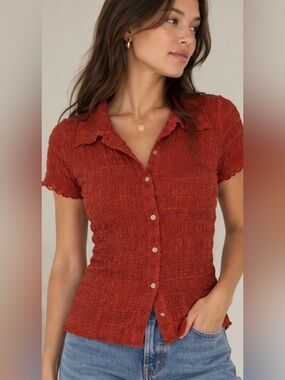 Vince Smocked Short Sleeve Button Up Top Rust Red Size M